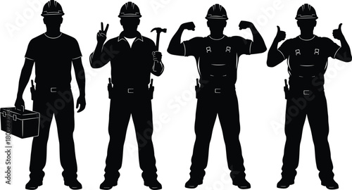 Construction worker silhouette set, a group of five identical builders in hard hats and work clothes, standing as a team, isolated vector illustration.