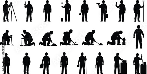 Construction worker silhouette set, a collection of builders, laborers, and a surveyor with a tripod, men using a shovel, trowel, and tools, kneeling and standing poses, isolated vector.