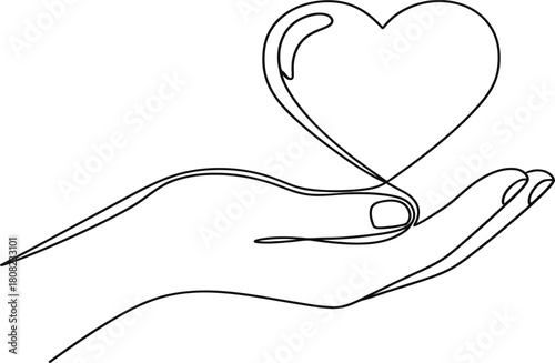 Single Line Illustration of Hand Holding Heart Shape Minimalist Design Concept for Care Support and Tenderness Isolated on Transparent Background Continuous Vector Drawing