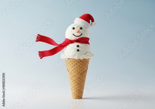 Festive snowman ice cream cone with a red scarf and santa hat on a light blue background