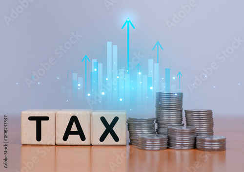 Tax growth concept with stacked coins and rising bar chart, symbolizing increasing financial obligations, revenue analysis, investment costs, economic planning, and modern business finance trends.