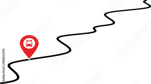 Bus Route Location Pin on Road Vector Illustration with Black Line Path and Red Pointer Symbol Sign Isolated on Transparent Background Perfect for Map Design and Navigation