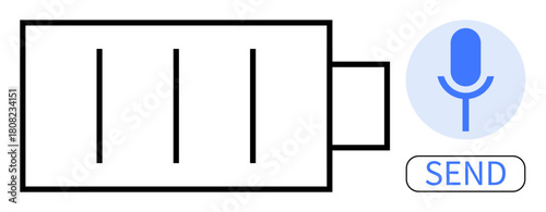Low battery icon next to a microphone and Send button. Ideal for technology, communication, voice note, battery life, mobile interface, app messaging, and innovation concepts. Simple flat metaphor