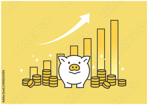 貯金箱と上昇グラフの資産運用イラスト（黄色背景・お金の増加イメージ）