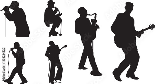 Soulful Blues Musician Silhouette Set with Guitar and Harmonica