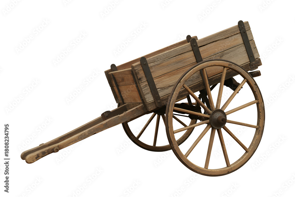 Fototapeta premium Old wooden cart with large spoked wheels isolated on transparent background
