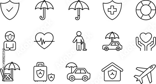 Outline Icons Representing Insurance and Protection Services