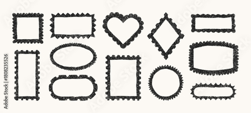 Crayon Postage Frames Set. Vector Hand Drawn Chalk Postal Stamp in Retro Style. Doodle Abstract Postage Shapes Border Template is Different Forms Rhomb, Rectangle, Oval, Heart for Letter, Post Card.