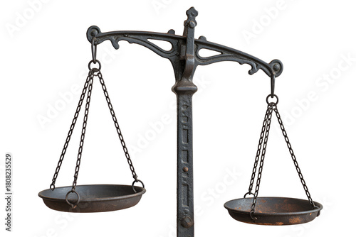 Antique balance scale with two empty pans isolated on transparent background