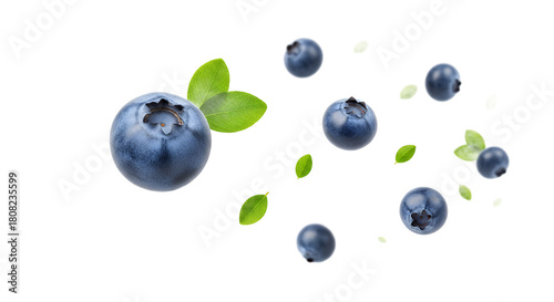 Fresh Blueberries With Green Leaves Floating Isolated On White Background - Healthy Berry Food Concept