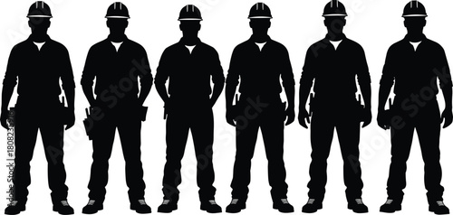 Construction worker silhouette set, a group of six builders in hard hats, standing as a team, wearing safety helmets and work clothes, isolated vector illustration.