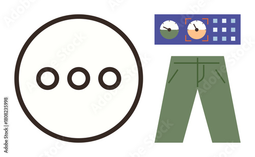 Minimal circle with three dots, abstract panel with dials, green pants emphasizing progression. Ideal for process flow, decision-making, anticipation, minimal design, abstract thought, logical