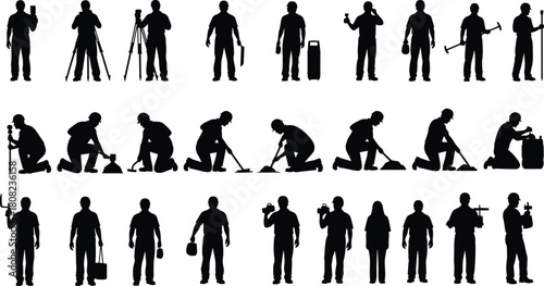 Construction worker silhouette set, a large collection of builders, laborers, and surveyors with tripods, cameras, and tools, in various poses, isolated vector icons.