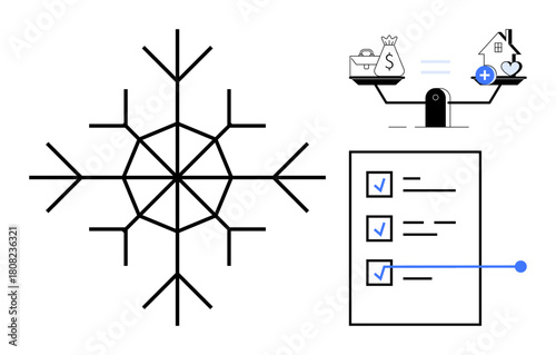 Financial planning. Abstract design a checklist, balance scale for weighing financial decisions, and a snowflake unique strategies. Financial tools, decision-making, goal setting, wealth management