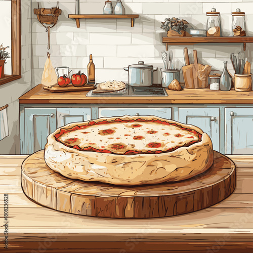 una focaccia su tavolo di legno in una cucina rustica e tavolo sullo sfondo  , vector style simple color