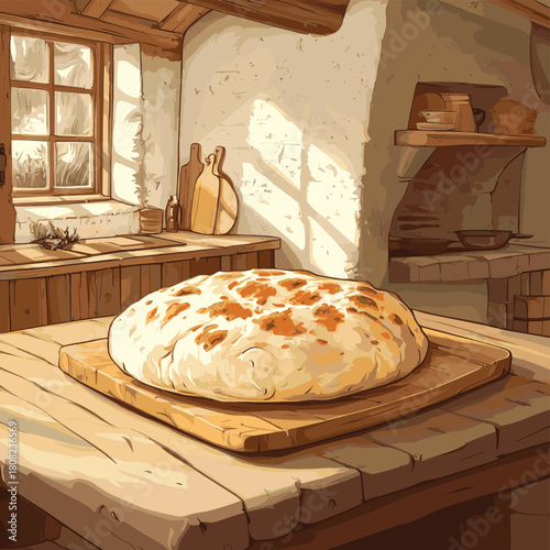 una focaccia su tavolo di legno in una cucina rustica e tavolo sullo sfondo  , vector style simple color