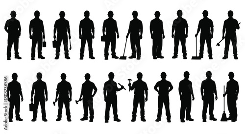 Construction worker silhouette set, builders and janitors in hard hats, men holding tools, hammer, shovel, and broom, manual labor vector icon collection, isolated.