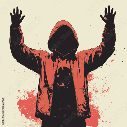 Man in hooded jacket with raised hands , vector style simple color