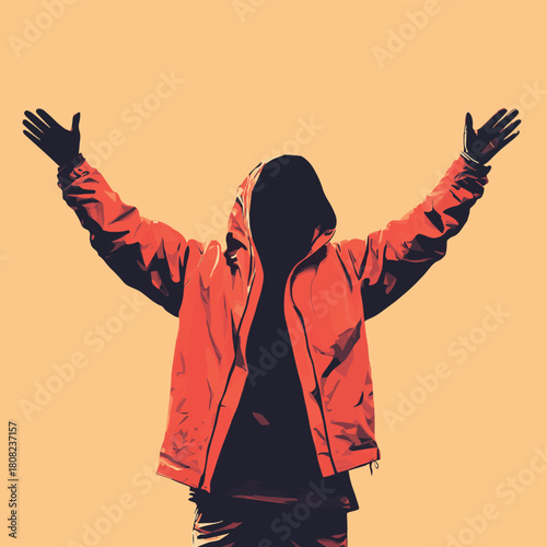 Man in hooded jacket with raised hands , vector style simple color