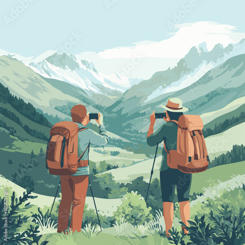 Mature travelers with backpacks pausing to take photos of a picturesque valley under a clear blue sky on their journey  , vector style simple color