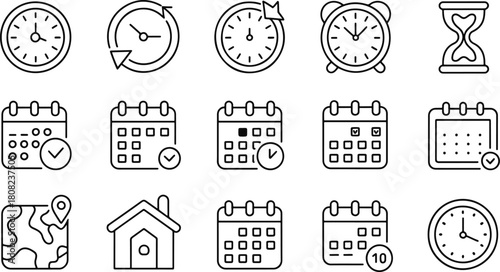 Set of time and planning icons in black outline