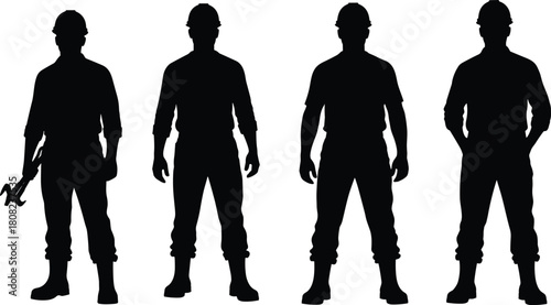 Construction worker silhouette set, industrial men in hard hats, collection of builders and laborers, one holds a tool, isolated on white, vector icons.