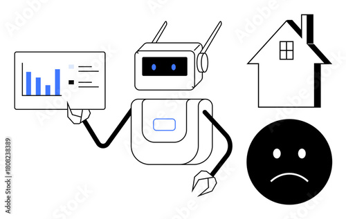 Robot presenting bar chart, house icon, and sad face to convey AI-driven analysis, housing problems, or decision impacts. Ideal for technology, housing, economics, emotions automation data