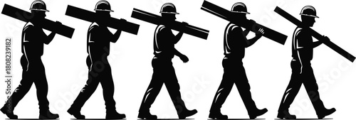 Construction worker silhouette set, man carrying heavy beam, walking laborer in hard hat, industrial building team, isolated vector graphic, manual labor concept.