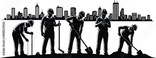 Construction worker silhouette set, men digging with shovels, city skyline background, industrial builders in hard hats, urban development, manual labor, isolated vector graphic.