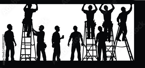Construction worker silhouette set, team of builders on ladders with hard hats and tools, renovation and building site, teamwork vector illustration, isolated white.