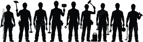 Construction worker silhouette set, team of industrial builders, men in hard hats holding tools, hammer, shovel, wrench, laborers, isolated on white, vector collection.