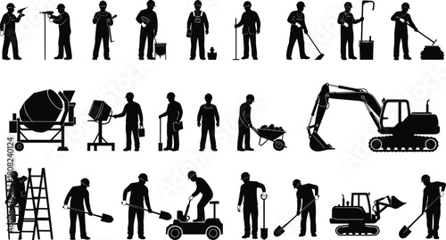Construction worker silhouettes set, a comprehensive collection of builders and laborers with tools, excavator, concrete mixer, wheelbarrow, and heavy machinery, isolated vector icons.