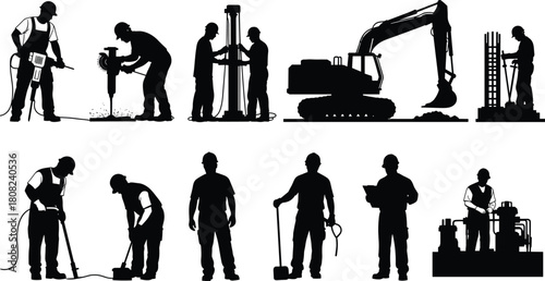 Construction worker silhouettes set, featuring builders and laborers with heavy equipment, an excavator, jackhammer, large drill rig, and rebar, isolated vector icon collection.