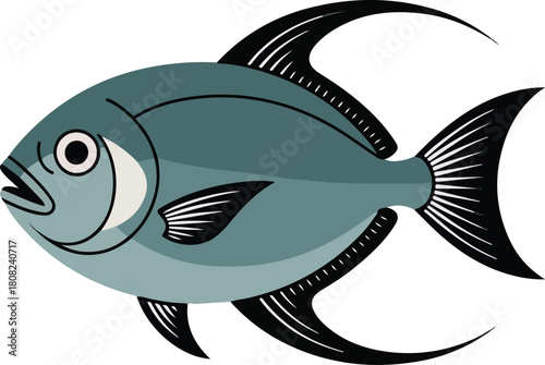 Blue-green fish vector with white belly and black fins swimming horizontally on a black background