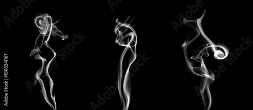 Abstract swirling white smoke shapes on a black background, creating a dynamic flowing texture ideal for branding, and creative visual effects that emphasize mystery, and minimalistic atmosphere.