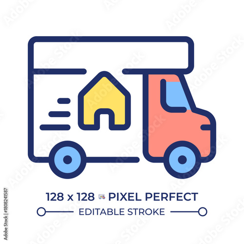 Home delivery service pixel perfect line color icon. Relocation service truck. Household transportation, real estate. Isolated vector illustration. Flat colorful symbol design. Editable stroke