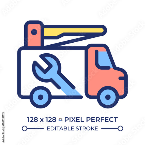 Utility vehicle pixel perfect line color icon. Maintenance services, roadside assistance. Repair transport. Isolated vector illustration. Flat colorful symbol design. Editable stroke