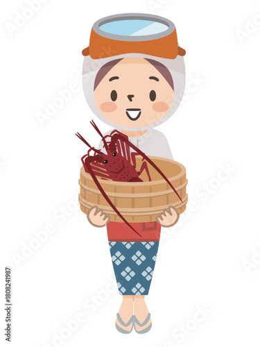 磯桶に伊勢海老を入れた海女（あま）さんのイラスト 三重県の伝統漁業と名物