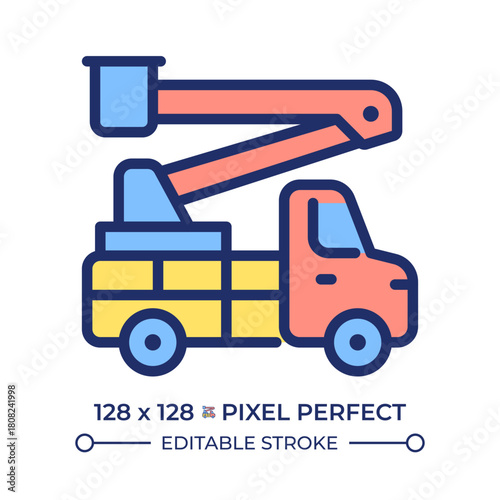 Bucket truck pixel perfect line color icon. Utility service truck. Hydraulic pole. Aerial lift, construction transport. Isolated vector illustration. Flat colorful symbol design. Editable stroke