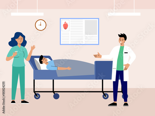 Doctor and nurse talking to patient. Hospital vector illustration. Flat illustration concept.