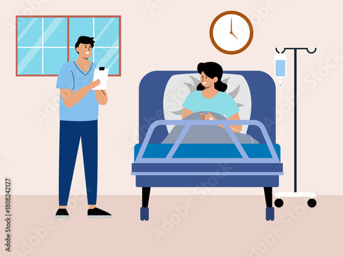  Doctor talking to patient. Hospital vector illustration. Flat illustration concept.