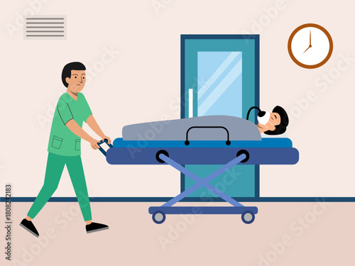  Doctor pushing patient on stretcher. Hospital vector illustration. Flat illustration concept.