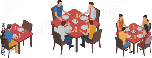 Isometric illustration of people dining at restaurant tables showing groups eating together, social interaction, food service and modern hospitality concepts