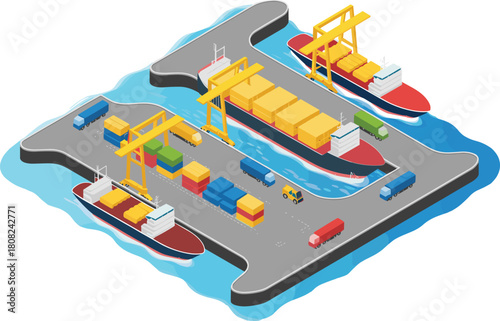 Isometric seaport logistics illustration with cargo ships, shipping containers, trucks and cranes showing modern freight transportation and global import export operations