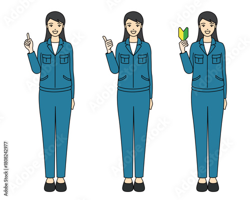 Full body illustration of a woman in work clothes giving advice or a thumbs up, including a beginner mark