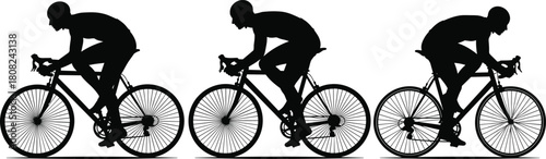 Cyclist silhouette vector set, black men riding bicycle, isolated sport athlete figures for racing logo design, fast bike rider collection and triathlon competition illustration.