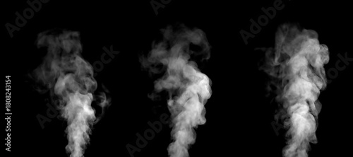 Realistic white smoke plumes rising on a black background, perfect for visual effects, product design, advertising, and creative projects that require natural vapor texture and atmospheric mood.