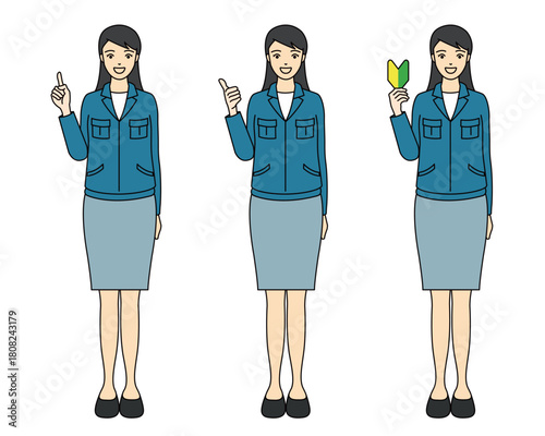 Full body illustration of a woman in work clothes giving advice or a thumbs up, including a beginner mark