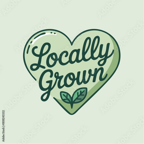 Heart-shaped green emblem promoting locally grown produce, emphasizing fresh, organic, and sustainable food choices