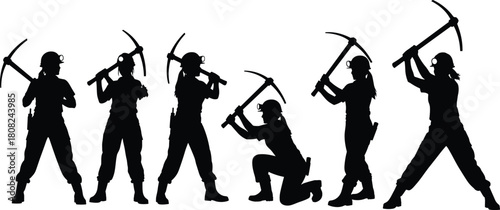 Female miner silhouette set, collection of women with pickaxe tools, industrial hard hat workers, isolated on white, strong female labor, mining and construction concept.